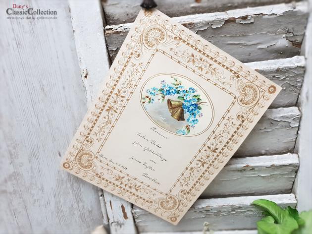 Antiker Schmuckbrief ~ Geprägt und lithografiert ~ Brief von Tochter an Vater ~ 1914 ~ Stuckrahmen ~ Glocken ~ Veilchenstrauß ~ hw3959b1