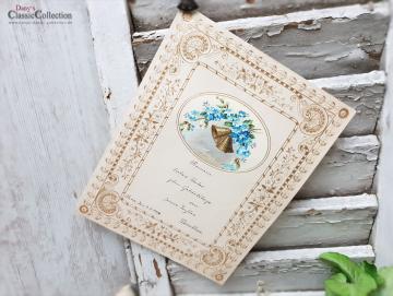 Antiker Schmuckbrief ~ Geprägt und lithografiert ~ Brief von Tochter an Vater ~ 1914 ~ Stuckrahmen ~ Glocken ~ Veilchenstrauß ~ hw3959b1