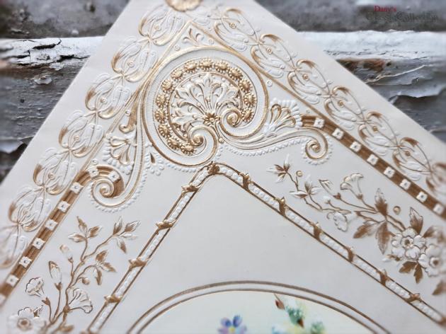 Antiker Schmuckbrief ~ Geprägt und lithografiert ~ Brief von Tochter an Vater ~ 1914 ~ Stuckrahmen ~ Glocken ~ Veilchenstrauß ~ hw3959b1