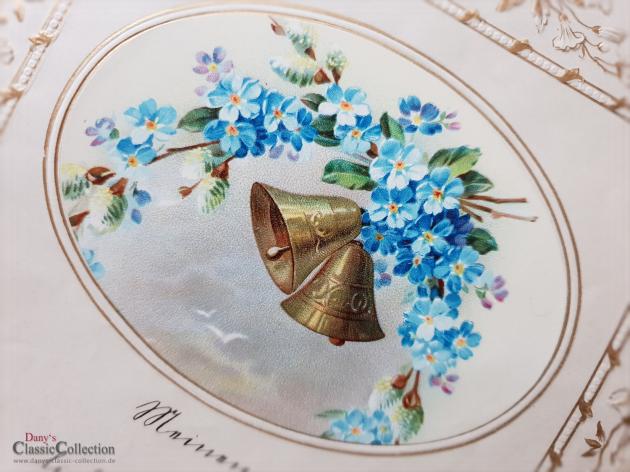 Antiker Schmuckbrief ~ Geprägt und lithografiert ~ Brief von Tochter an Vater ~ 1914 ~ Stuckrahmen ~ Glocken ~ Veilchenstrauß ~ hw3959b1