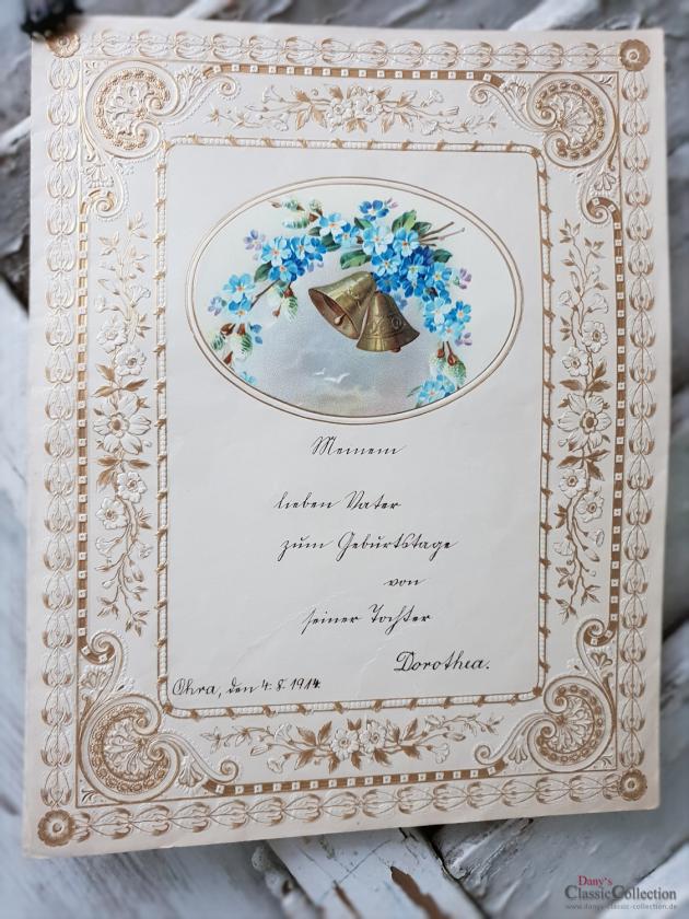 Antiker Schmuckbrief ~ Geprägt und lithografiert ~ Brief von Tochter an Vater ~ 1914 ~ Stuckrahmen ~ Glocken ~ Veilchenstrauß ~ hw3959b1