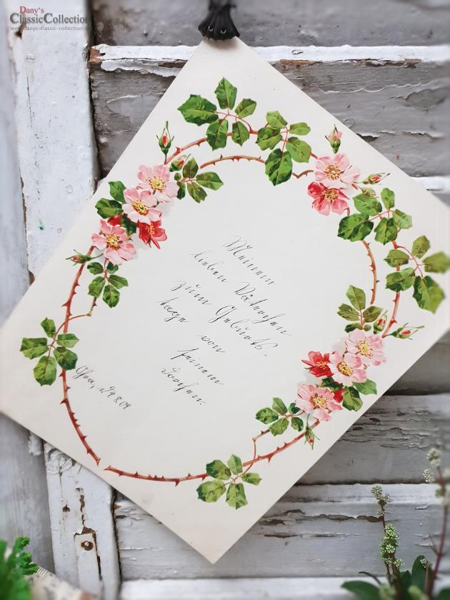 Antiker Schmuckbrief ~ Geprägt und lithografiert ~ Brief von Tochter an Vater ~ 1909 ~ mit Rosen umrahmt ~ hw3959b2