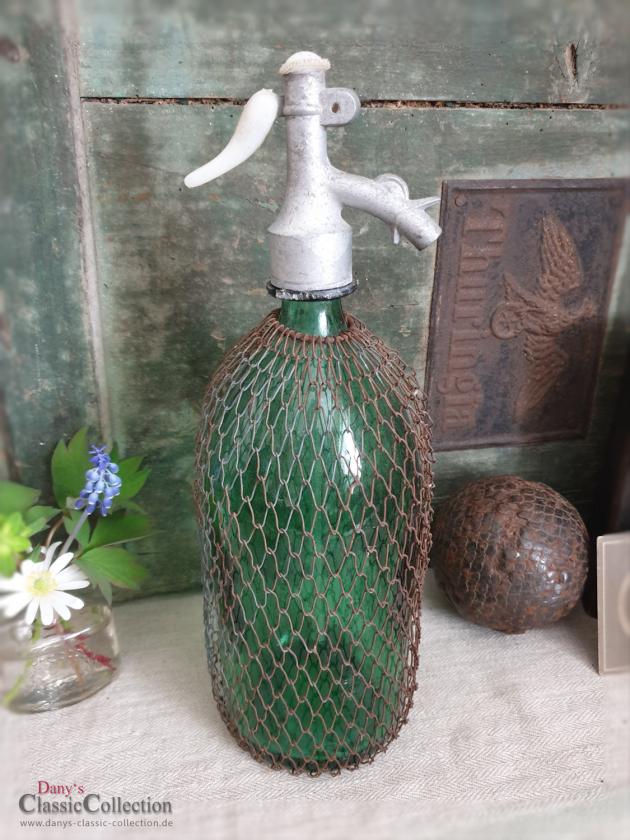 VERKAUFT ! Grüner Siphon mit Netz ~ große alte Sodaflasche ~ Soda Syphon ~ Shabby deco ~ Vintage interior ~ Brocante home style ~ hx4187f2