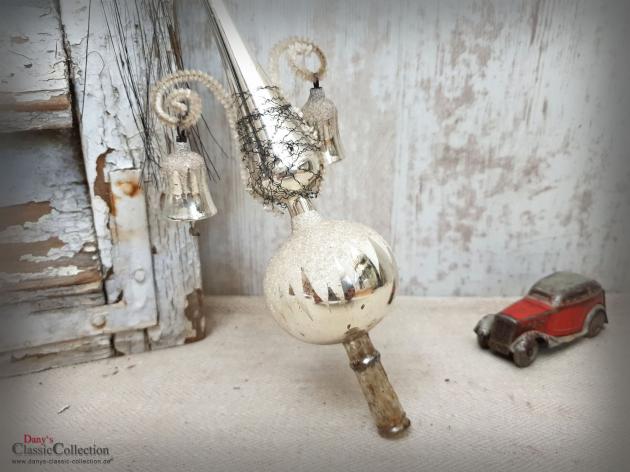 VERKAUFT ! Baumspitze 26 cm silber ~ Glas mit 2 Glocken ~ Tinsel ~ Christbaumspitze ~ Weihnachtsbaum ~ Bauernsilber ~ Nostalgie Weihnacht ~ hy5503