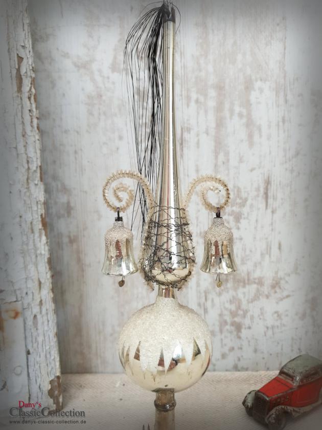 VERKAUFT ! Baumspitze 26 cm silber ~ Glas mit 2 Glocken ~ Tinsel ~ Christbaumspitze ~ Weihnachtsbaum ~ Bauernsilber ~ Nostalgie Weihnacht ~ hy5503
