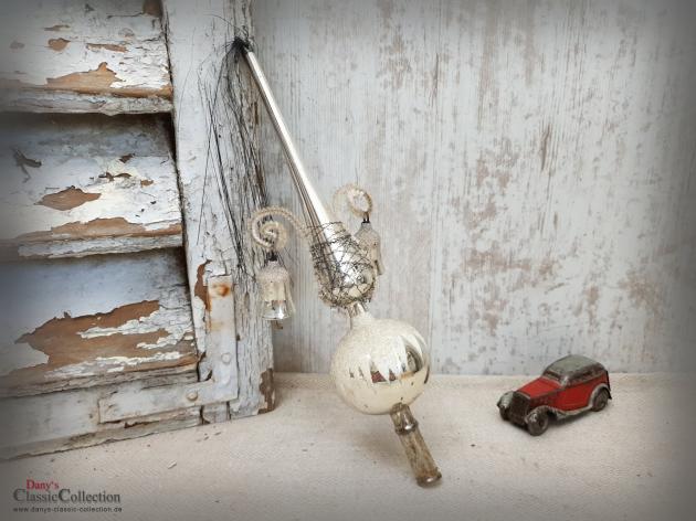 VERKAUFT ! Baumspitze 26 cm silber ~ Glas mit 2 Glocken ~ Tinsel ~ Christbaumspitze ~ Weihnachtsbaum ~ Bauernsilber ~ Nostalgie Weihnacht ~ hy5503