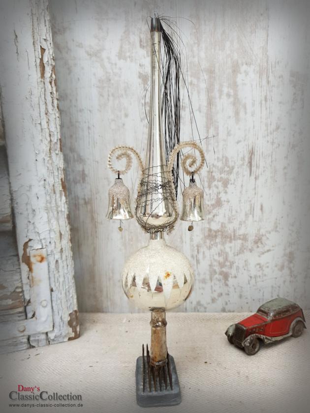 VERKAUFT ! Baumspitze 26 cm silber ~ Glas mit 2 Glocken ~ Tinsel ~ Christbaumspitze ~ Weihnachtsbaum ~ Bauernsilber ~ Nostalgie Weihnacht ~ hy5503