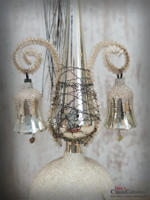 VERKAUFT ! Baumspitze 26 cm silber ~ Glas mit 2 Glocken ~ Tinsel ~ Christbaumspitze ~ Weihnachtsbaum ~ Bauernsilber ~ Nostalgie Weihnacht ~ hy5503