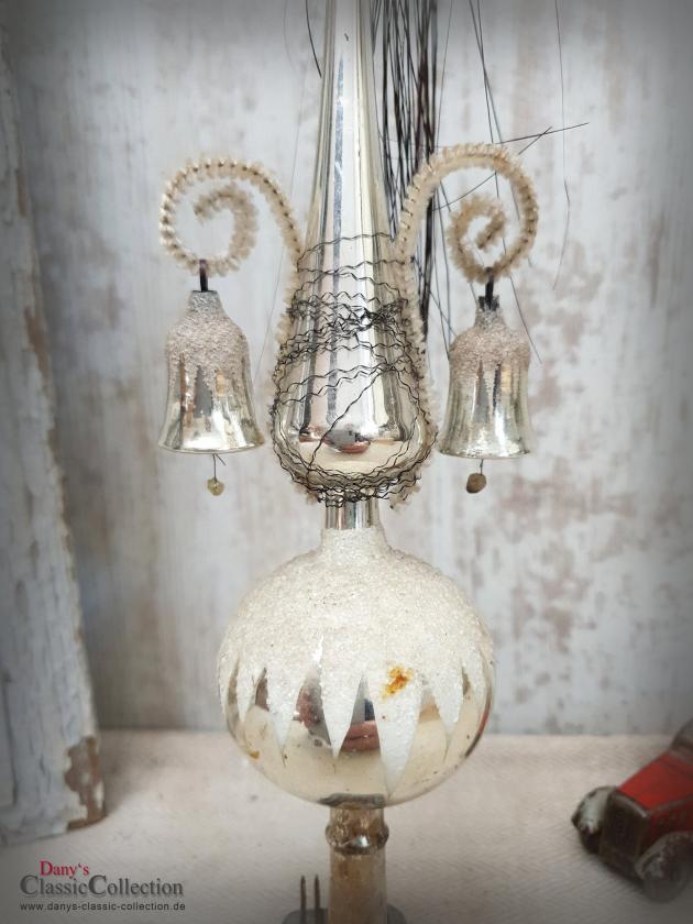 VERKAUFT ! Baumspitze 26 cm silber ~ Glas mit 2 Glocken ~ Tinsel ~ Christbaumspitze ~ Weihnachtsbaum ~ Bauernsilber ~ Nostalgie Weihnacht ~ hy5503