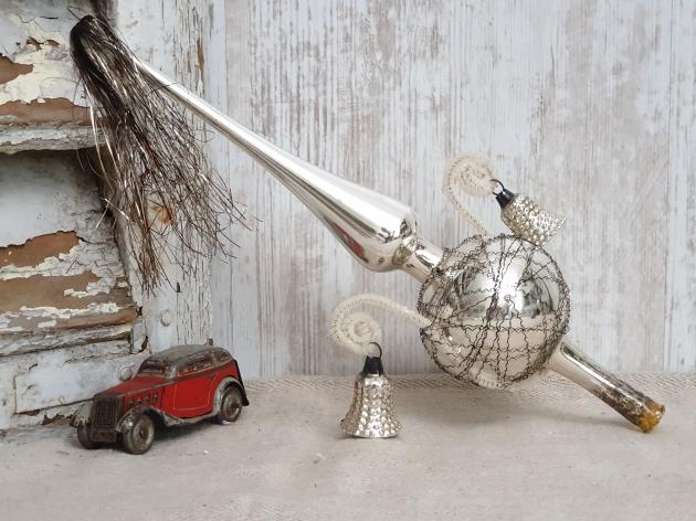 VERKAUFT ! Baumspitze 28 cm silber ~ Glas mit 2 Glocken ~ Tinsel ~ Christbaumspitze ~ Weihnachtsbaum ~ Bauernsilber ~ Nostalgie Weihnacht ~ hy5665