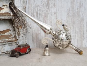VERKAUFT ! Baumspitze 28 cm silber ~ Glas mit 2 Glocken ~ Tinsel ~ Christbaumspitze ~ Weihnachtsbaum ~ Bauernsilber ~ Nostalgie Weihnacht ~ hy5665
