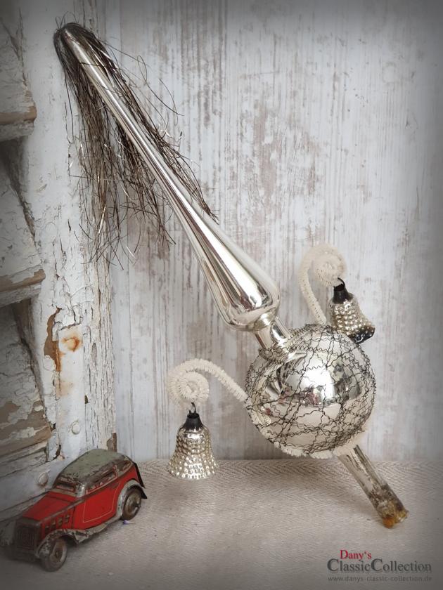 VERKAUFT ! Baumspitze 28 cm silber ~ Glas mit 2 Glocken ~ Tinsel ~ Christbaumspitze ~ Weihnachtsbaum ~ Bauernsilber ~ Nostalgie Weihnacht ~ hy5665
