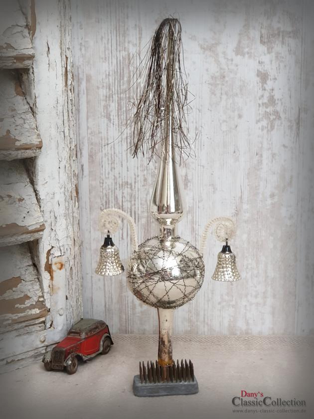 VERKAUFT ! Baumspitze 28 cm silber ~ Glas mit 2 Glocken ~ Tinsel ~ Christbaumspitze ~ Weihnachtsbaum ~ Bauernsilber ~ Nostalgie Weihnacht ~ hy5665