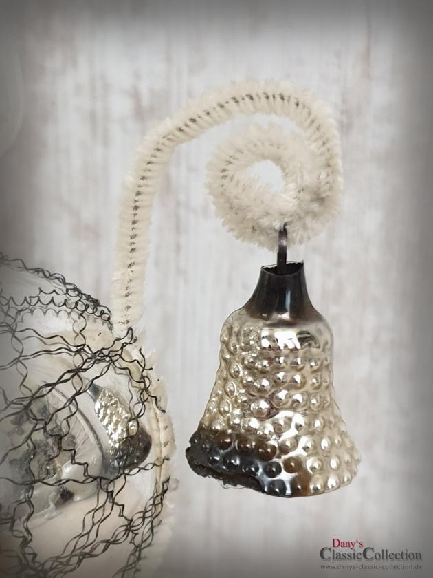 VERKAUFT ! Baumspitze 28 cm silber ~ Glas mit 2 Glocken ~ Tinsel ~ Christbaumspitze ~ Weihnachtsbaum ~ Bauernsilber ~ Nostalgie Weihnacht ~ hy5665