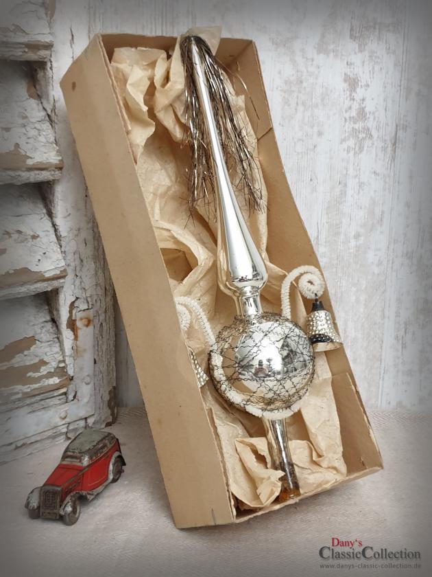 VERKAUFT ! Baumspitze 28 cm silber ~ Glas mit 2 Glocken ~ Tinsel ~ Christbaumspitze ~ Weihnachtsbaum ~ Bauernsilber ~ Nostalgie Weihnacht ~ hy5665