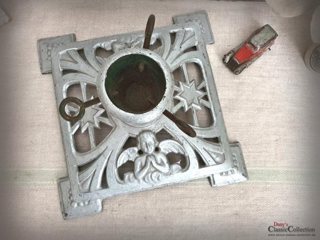 VERKAUFT ! Artdéco Christbaumständer eckig ~ Gusseisen silber ~ Engel ~ Stern ~ Frohe Weihnachten ~ Vintage Weihnachtsbaum ~ hy5823