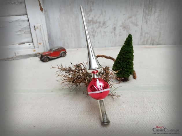 VERKAUFT ! Silberne Reflex-Baumspitze 18,5 cm ~ Christbaumspitze alt ~ rote Kugel mit weißer Bemalung ~ Frohe Weihnachten ~ Weihnachtsbaum ~ hy6262