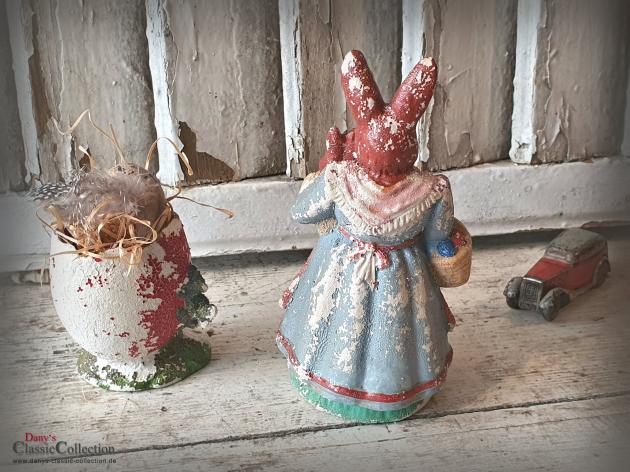 VERKAUFT ! Candy Container Häsin mit Kind & Eierkorb ~ Pappmaché ~ Eierbecher für Deko ~ Osterdekoration ~ Füllhase ~ Made in Germany ~ hy5759