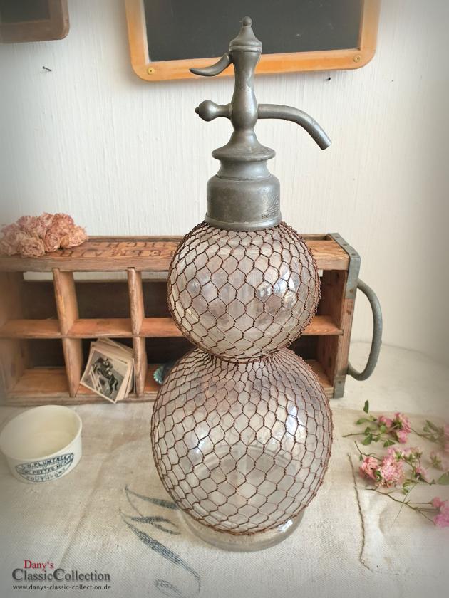 VERKAUFT ! 1880-1900 Doppelbauch Soda Siphon mit Netz ~ Sodaflasche ~ Seltzer Flasche ~ Industrial Home ~ Loft Design ~ Vintage Interior ~ hw3351