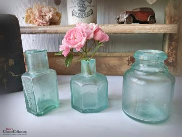 VERKAUFT ! Konvolut aus 3 antiken Tinten Flaschen ~ SET #2 ~ aquamarin ~ altes Glas ~ teils milchig ~ Vintage Glasvase ~ Shabby Deko ~ hz6426ib2