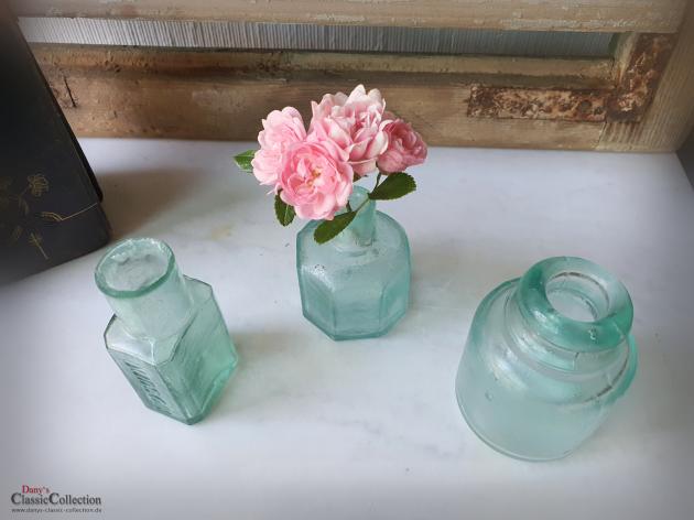 VERKAUFT ! Konvolut aus 3 antiken Tinten Flaschen ~ SET #2 ~ aquamarin ~ altes Glas ~ teils milchig ~ Vintage Glasvase ~ Shabby Deko ~ hz6426ib2