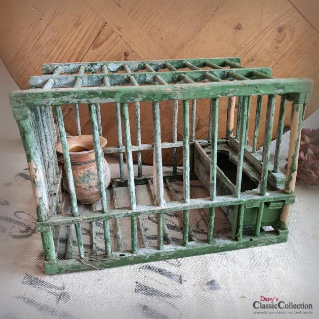 VERKAUFT ! Uralter grüner Vogelkäfig ~ Frankreich ~ Vogelhaus Holz ~ Vogelbauer grün ~ Holzkäfig ~ Tonkrug ~ Vintage Shabby Deko ~ hy5821