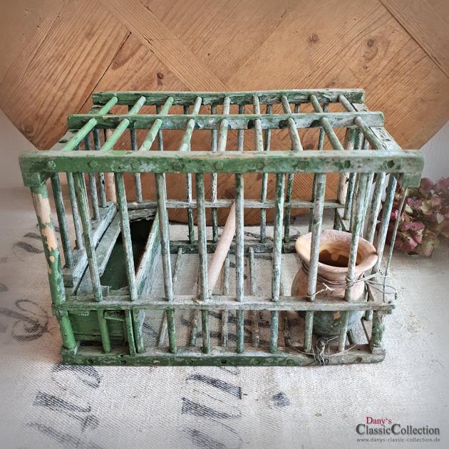 VERKAUFT ! Uralter grüner Vogelkäfig ~ Frankreich ~ Vogelhaus Holz ~ Vogelbauer grün ~ Holzkäfig ~ Tonkrug ~ Vintage Shabby Deko ~ hy5821