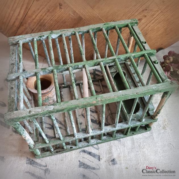 VERKAUFT ! Uralter grüner Vogelkäfig ~ Frankreich ~ Vogelhaus Holz ~ Vogelbauer grün ~ Holzkäfig ~ Tonkrug ~ Vintage Shabby Deko ~ hy5821