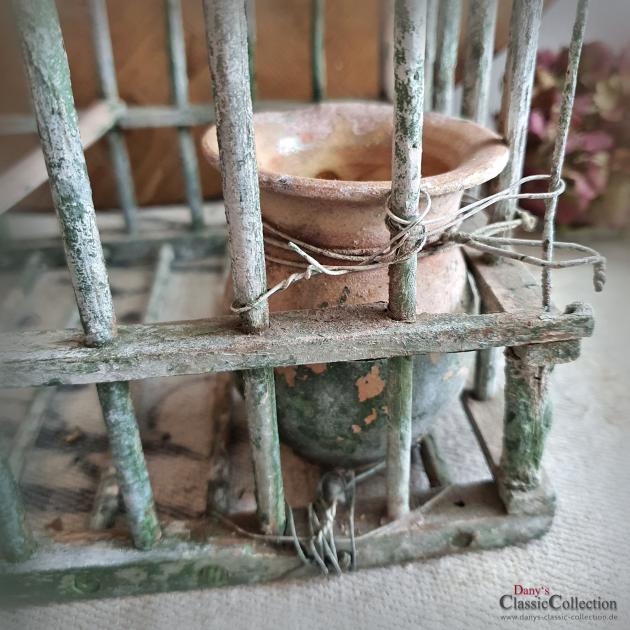 VERKAUFT ! Uralter grüner Vogelkäfig ~ Frankreich ~ Vogelhaus Holz ~ Vogelbauer grün ~ Holzkäfig ~ Tonkrug ~ Vintage Shabby Deko ~ hy5821