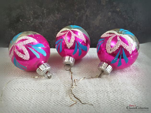 3er Set Christbaumkugeln silber pink ~ alter Christbaumschmuck ~ Vintage Weihnacht ~ hz6412tp