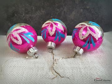 3er Set Christbaumkugeln silber pink ~ alter Christbaumschmuck ~ Vintage Weihnacht ~ hz6412tp