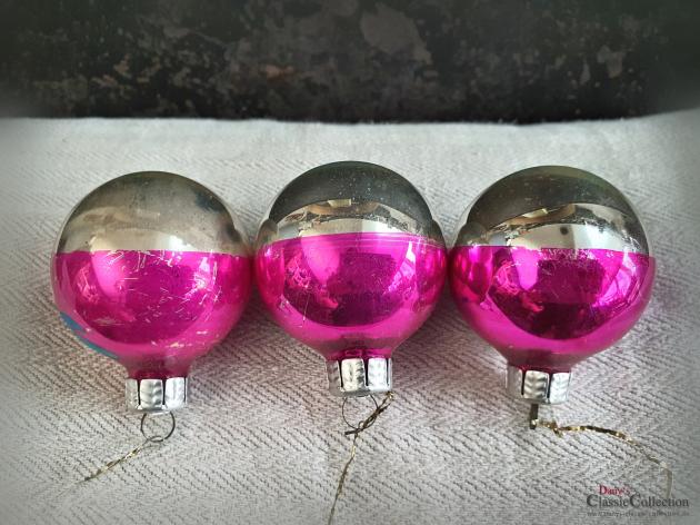 3er Set Christbaumkugeln silber pink ~ alter Christbaumschmuck ~ Vintage Weihnacht ~ hz6412tp
