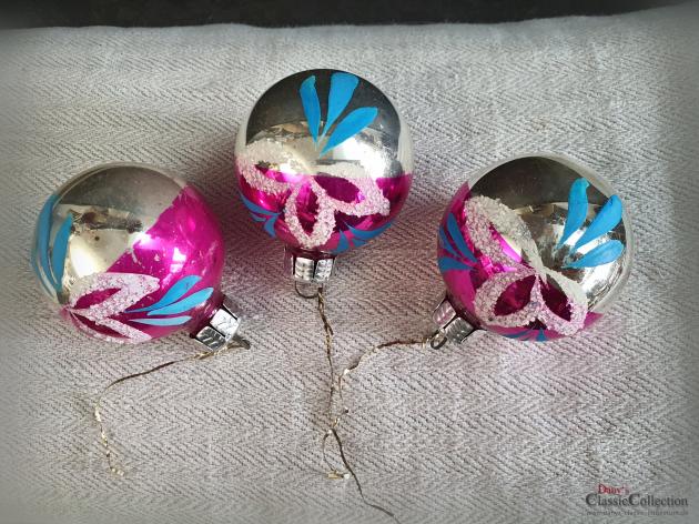 3er Set Christbaumkugeln silber pink ~ alter Christbaumschmuck ~ Vintage Weihnacht ~ hz6412tp