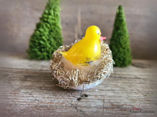 Küken in Nest mit Tinselrand auf Clip ~ Seltener Christbaumschmuck ~ Vintage Weihnachten ~ Weihnachtsbaumschmuck ~ hx4527