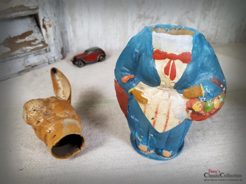 VERKAUFT ! Osterhasen Candy Container ~ Pappmaché Hase mit Eierkorb ~ Osterdekoration ~ Sammlerstück ~ Made in Germany ~ hy5858