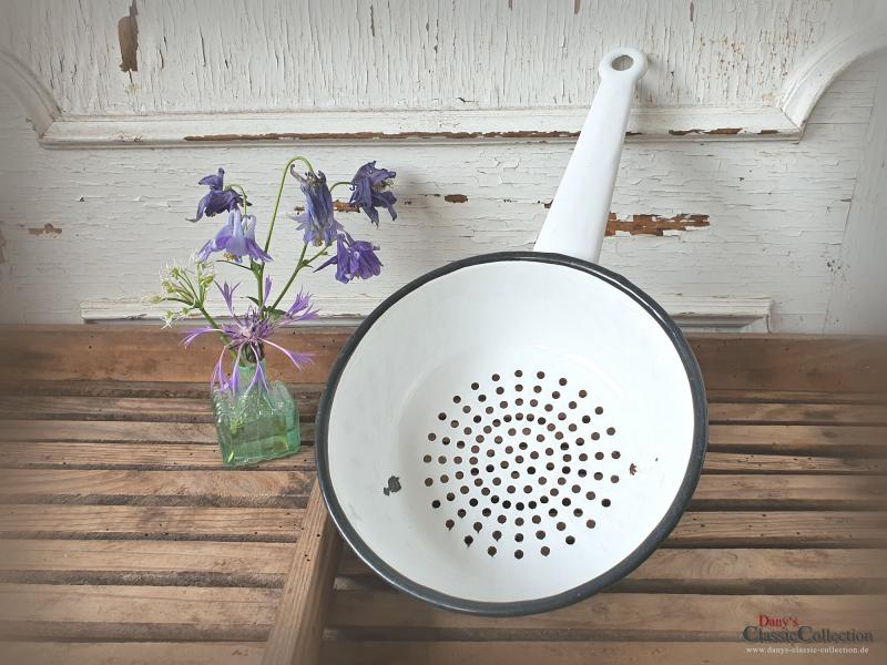 Emaille Küchensieb ~ Abtropfsieb ~ Durchschlag ~ Sieb weiß ~ Rand schwarz ~ Vintage Küchendekor ~ Landhausküche ~ Bauernhaus ~ ht2759