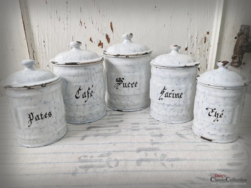 VERKAUFT ! Emaille Vorratsdosen Frankreich ~ Wabenmuster ~ Vorratsbehälter ~ Landhaus Küche ~ Sammlerstücke ~ hx4329