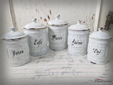VERKAUFT ! Emaille Vorratsdosen Frankreich ~ Wabenmuster ~ Vorratsbehälter ~ Landhaus Küche ~ Sammlerstücke ~ hx4329