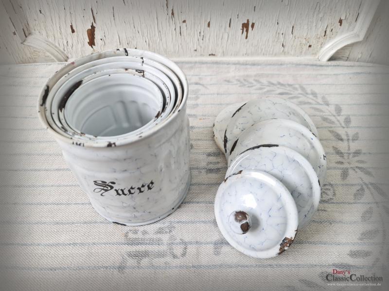 VERKAUFT ! Emaille Vorratsdosen Frankreich ~ Wabenmuster ~ Vorratsbehälter ~ Landhaus Küche ~ Sammlerstücke ~ hx4329