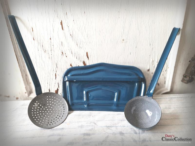 VERKAUFT ! Emaille Löffelblech ~ petrol blau ~ Wandhalterung ~ Kelle ~ Schaumkelle ~ Landhaus Küche ~ Sammlerstück ~ hx4120bl
