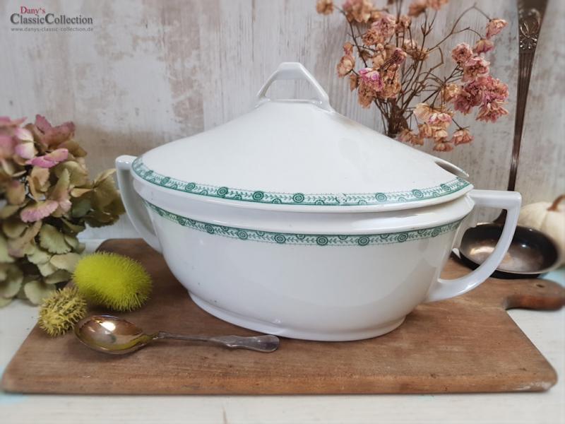 VERKAUFT ! Große weiße Art Déco Deckelterrine mit grünem Randdekor ~ Vintage Homedecor ~ Schüssel ~ Terrine ~ Soupière ~ hs1574