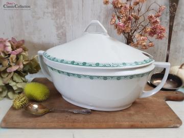VERKAUFT ! Große weiße Art Déco Deckelterrine mit grünem Randdekor ~ Vintage Homedecor ~ Schüssel ~ Terrine ~ Soupière ~ hs1574