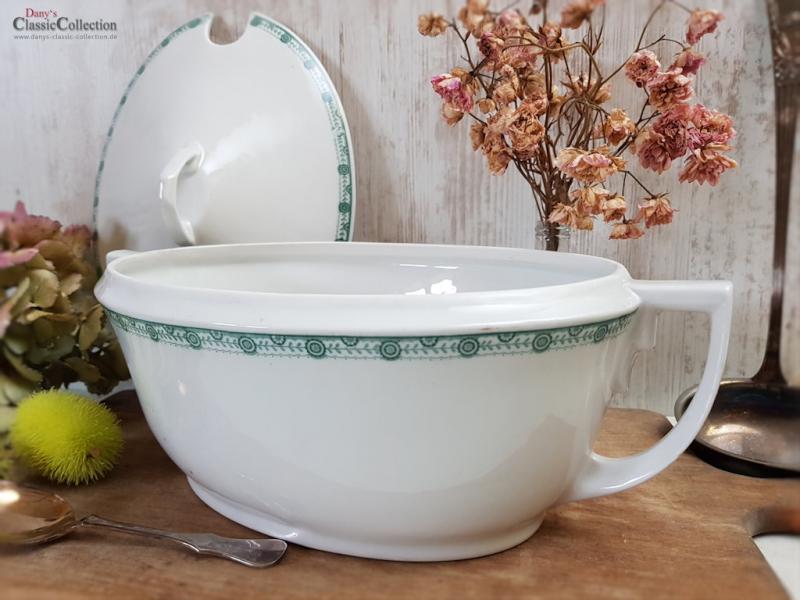 VERKAUFT ! Große weiße Art Déco Deckelterrine mit grünem Randdekor ~ Vintage Homedecor ~ Schüssel ~ Terrine ~ Soupière ~ hs1574