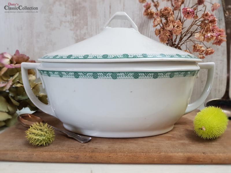VERKAUFT ! Große weiße Art Déco Deckelterrine mit grünem Randdekor ~ Vintage Homedecor ~ Schüssel ~ Terrine ~ Soupière ~ hs1574