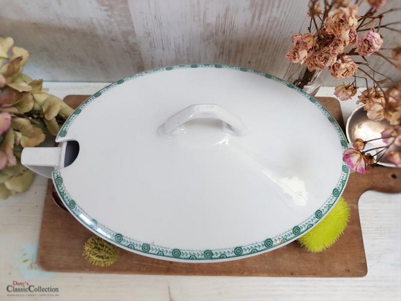 VERKAUFT ! Große weiße Art Déco Deckelterrine mit grünem Randdekor ~ Vintage Homedecor ~ Schüssel ~ Terrine ~ Soupière ~ hs1574