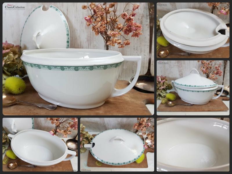 VERKAUFT ! Große weiße Art Déco Deckelterrine mit grünem Randdekor ~ Vintage Homedecor ~ Schüssel ~ Terrine ~ Soupière ~ hs1574