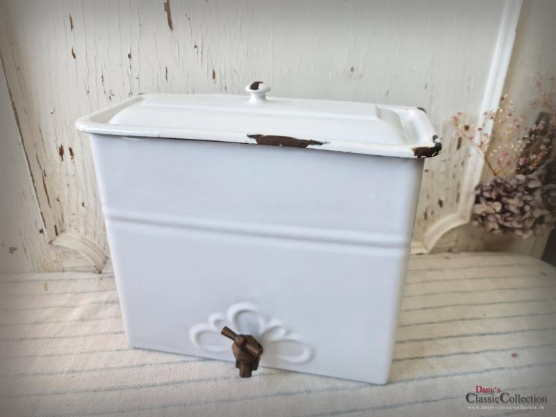 VERKAUFT ! Emaille Wassertank ~ Wandbehälter ~ weiß ~ Frankreich ~ Messinghahn ~ Email ~ Landhaus Deko ~ Sammlerstück ~ ehg21rwewb