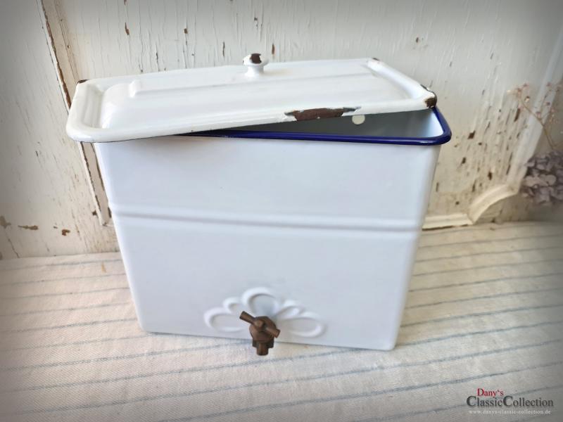 VERKAUFT ! Emaille Wassertank ~ Wandbehälter ~ weiß ~ Frankreich ~ Messinghahn ~ Email ~ Landhaus Deko ~ Sammlerstück ~ ehg21rwewb
