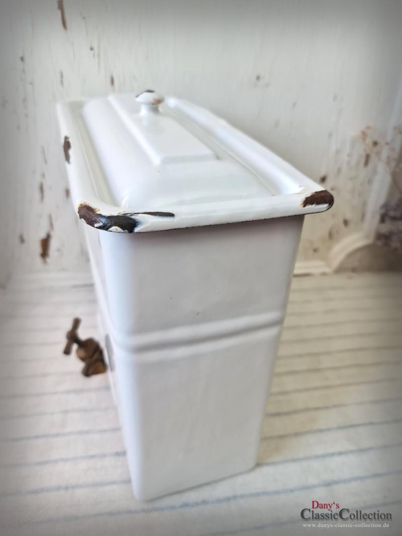 VERKAUFT ! Emaille Wassertank ~ Wandbehälter ~ weiß ~ Frankreich ~ Messinghahn ~ Email ~ Landhaus Deko ~ Sammlerstück ~ ehg21rwewb