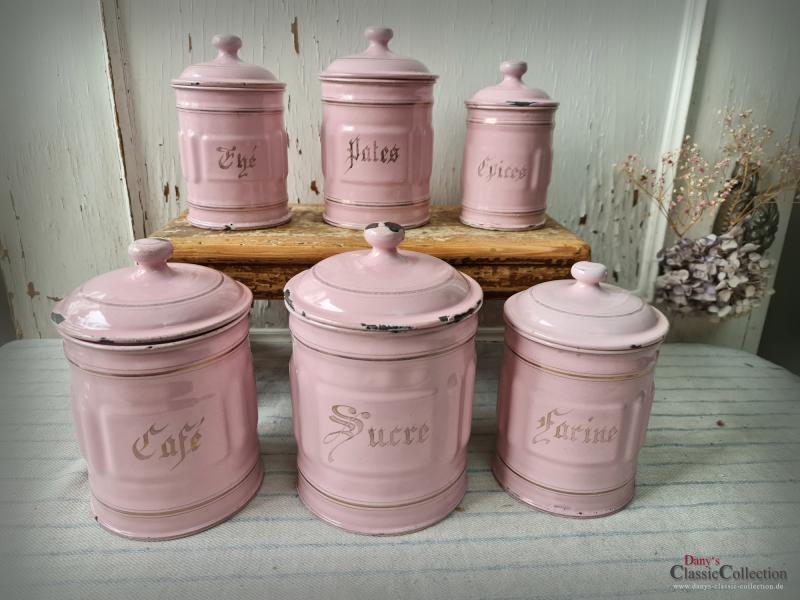 VERKAUFT ! 6 ROSA Emaille Vorratsbehälter ~ Frankreich ~ Vorratsdosen ~ Landhaus Küche ~ RARITÄT ~ Sammlerstücke ~ ehg21herrds